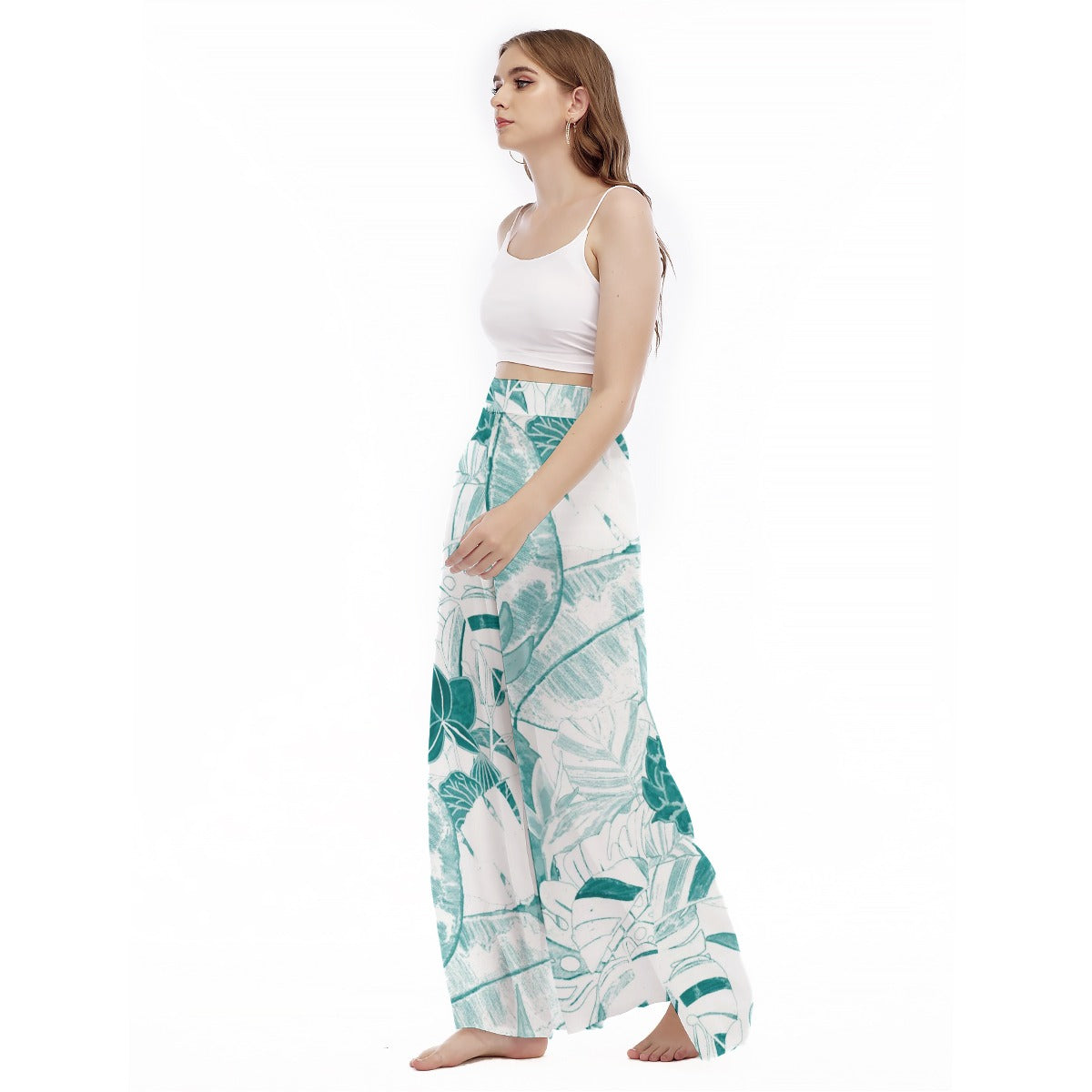 Teal -Tropical - Women's High Waist Wide Leg Trousers