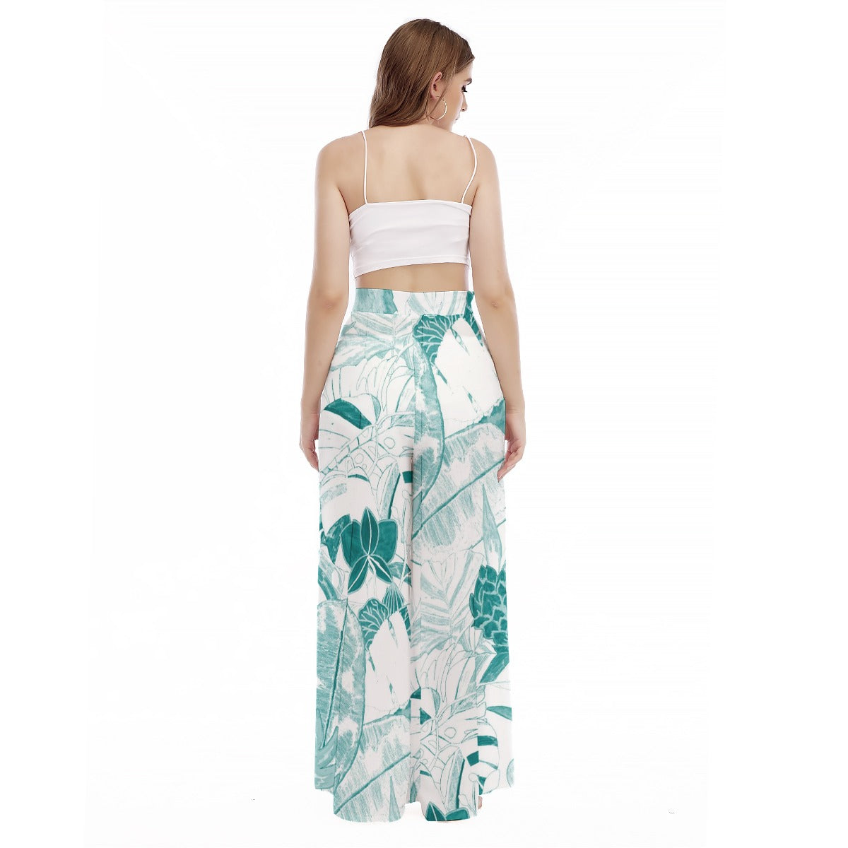 Teal -Tropical - Women's High Waist Wide Leg Trousers