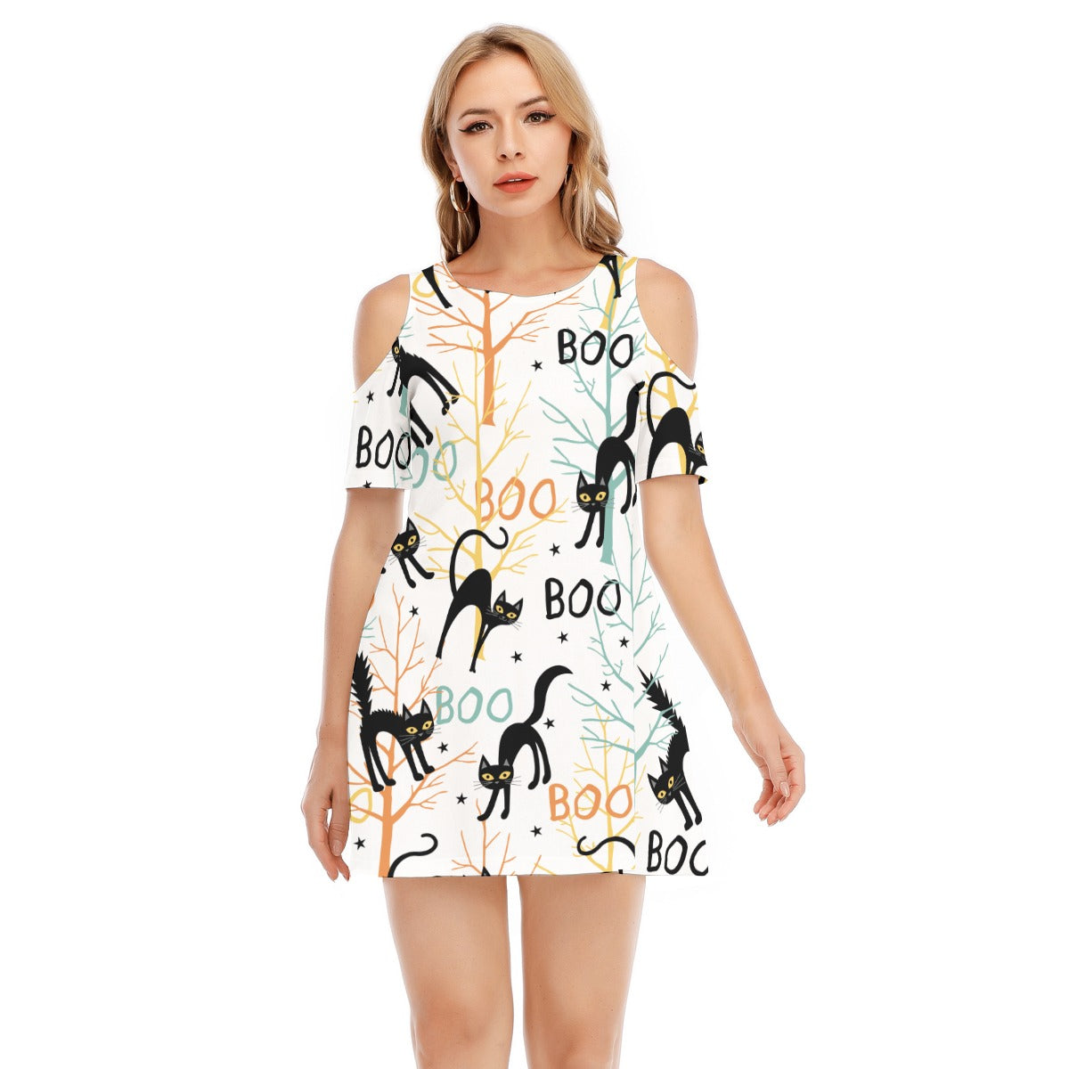 Scary Cat I - Women's Cold Shoulder Dress - 100% Cotton