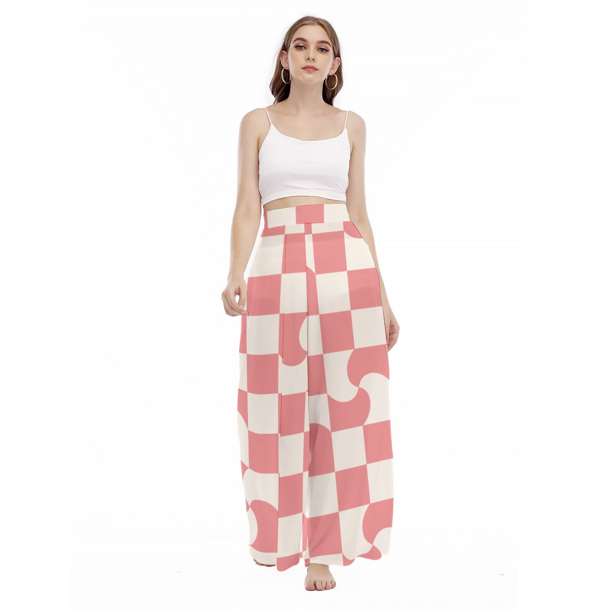 Candy Check - Women's High Waist Wide Leg Trousers