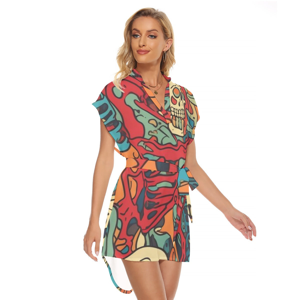 Skull III - Women's Stand-up Collar Casual Dress With Belt