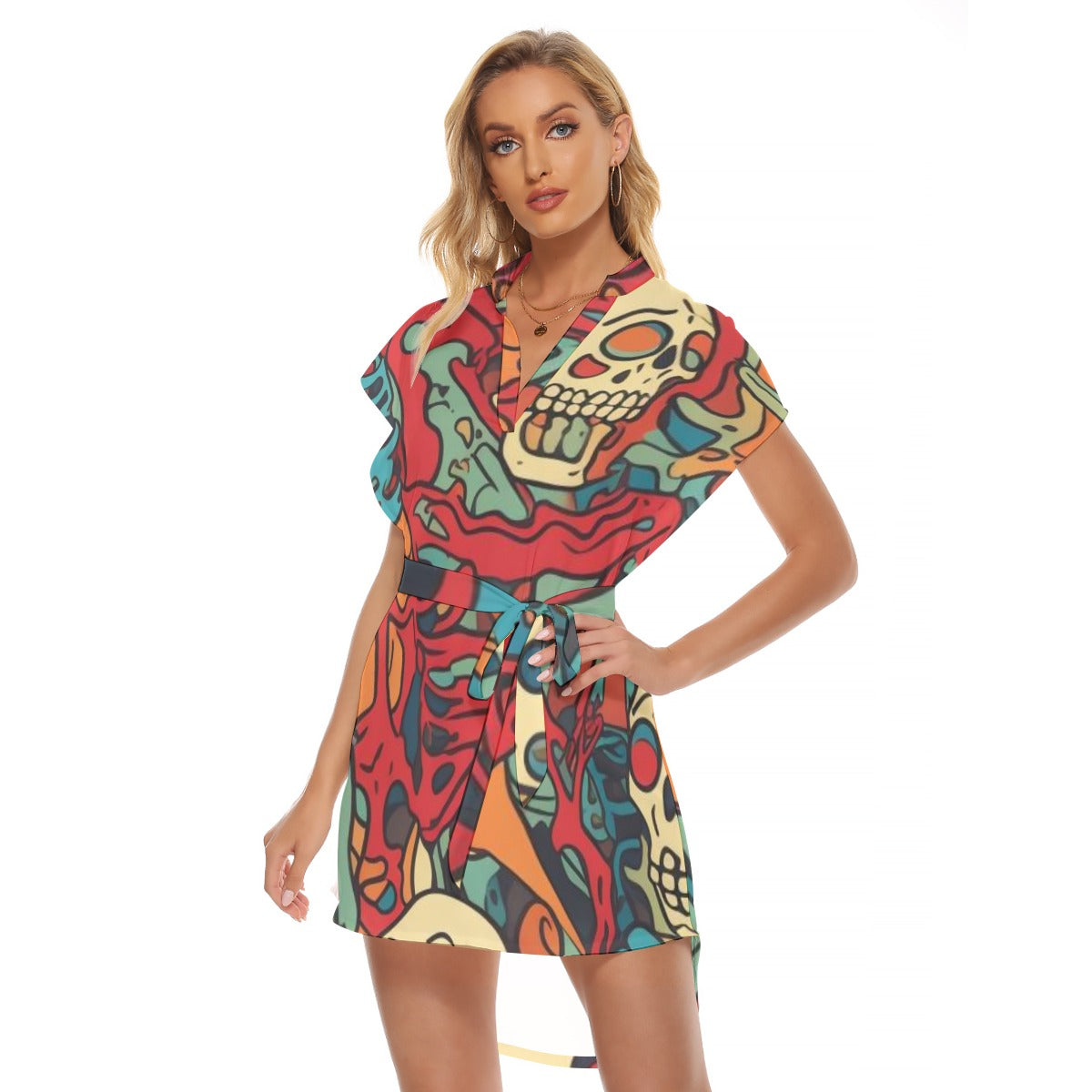 Skull III - Women's Stand-up Collar Casual Dress With Belt