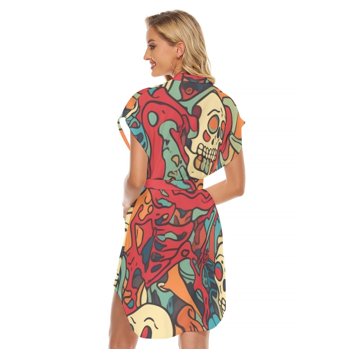 Skull III - Women's Stand-up Collar Casual Dress With Belt