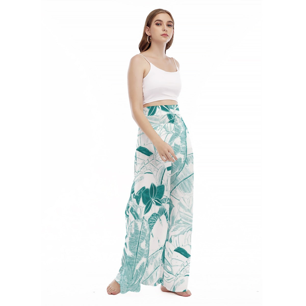 Teal -Tropical - Women's High Waist Wide Leg Trousers