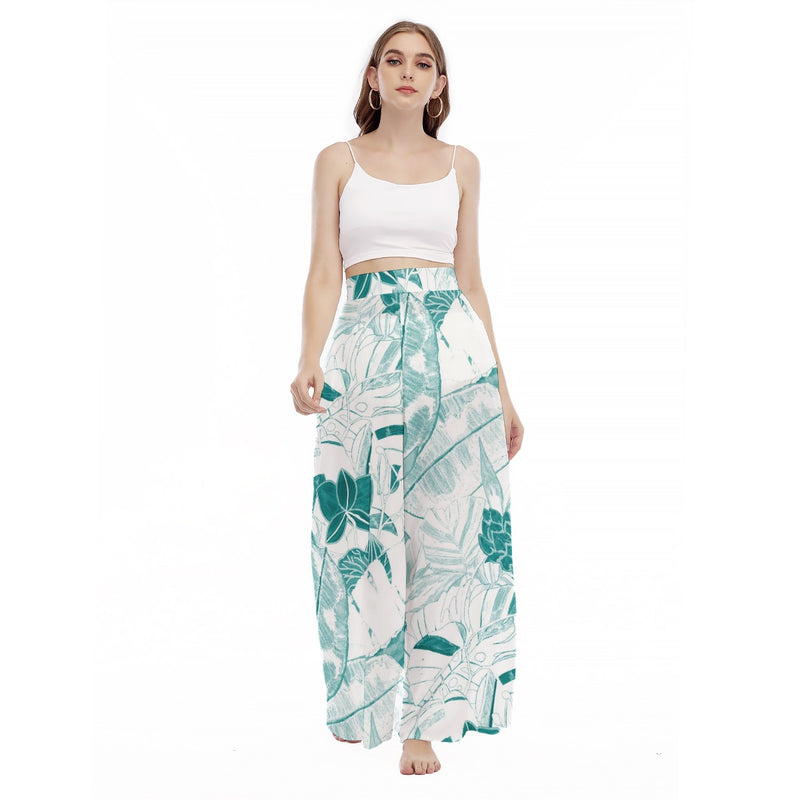 Teal -Tropical - Women's High Waist Wide Leg Trousers