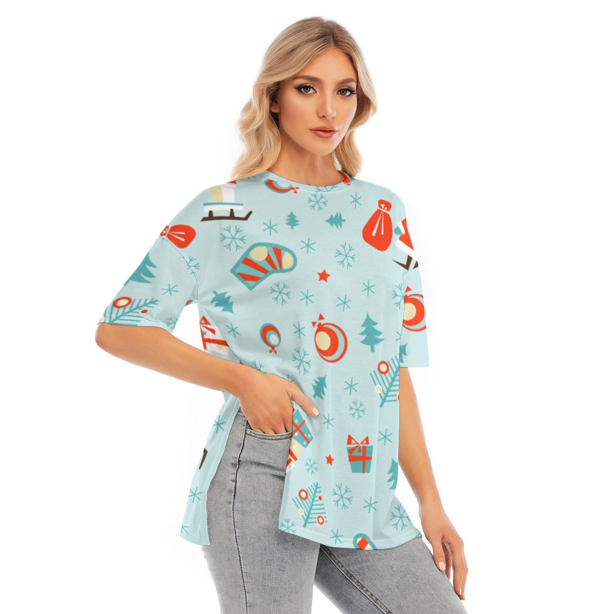 Santa Slide -  Women's Short Sleeves T-shirt With Hem Split