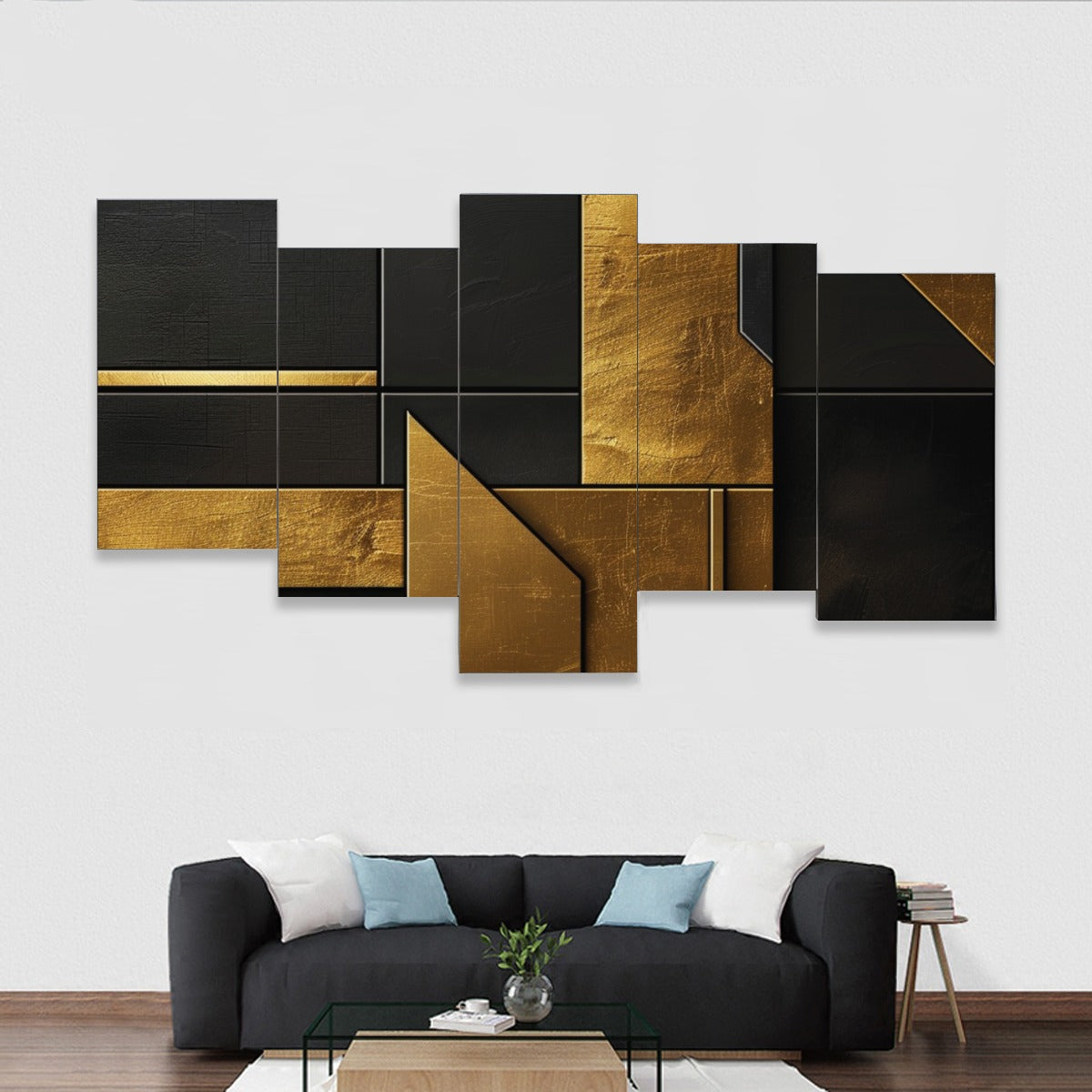 Black & Gold Abstract- Karu Designs | Framed five-piece mural