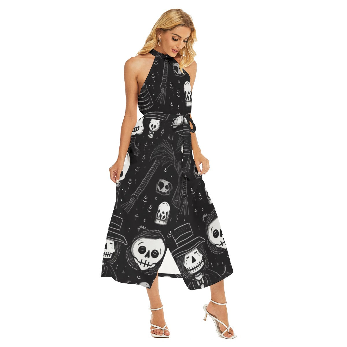 Skull I -  Women's Wrap Hem Belted Halter Dress