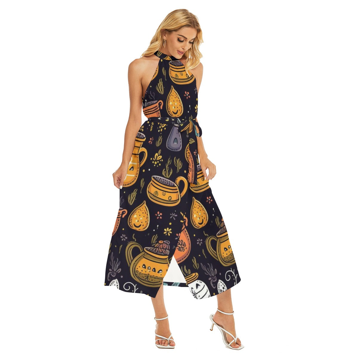 Potion I - Women's Wrap Hem Belted Halter Dress