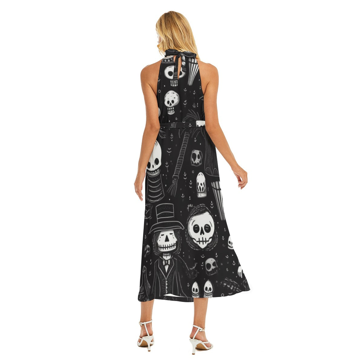 Skull I -  Women's Wrap Hem Belted Halter Dress
