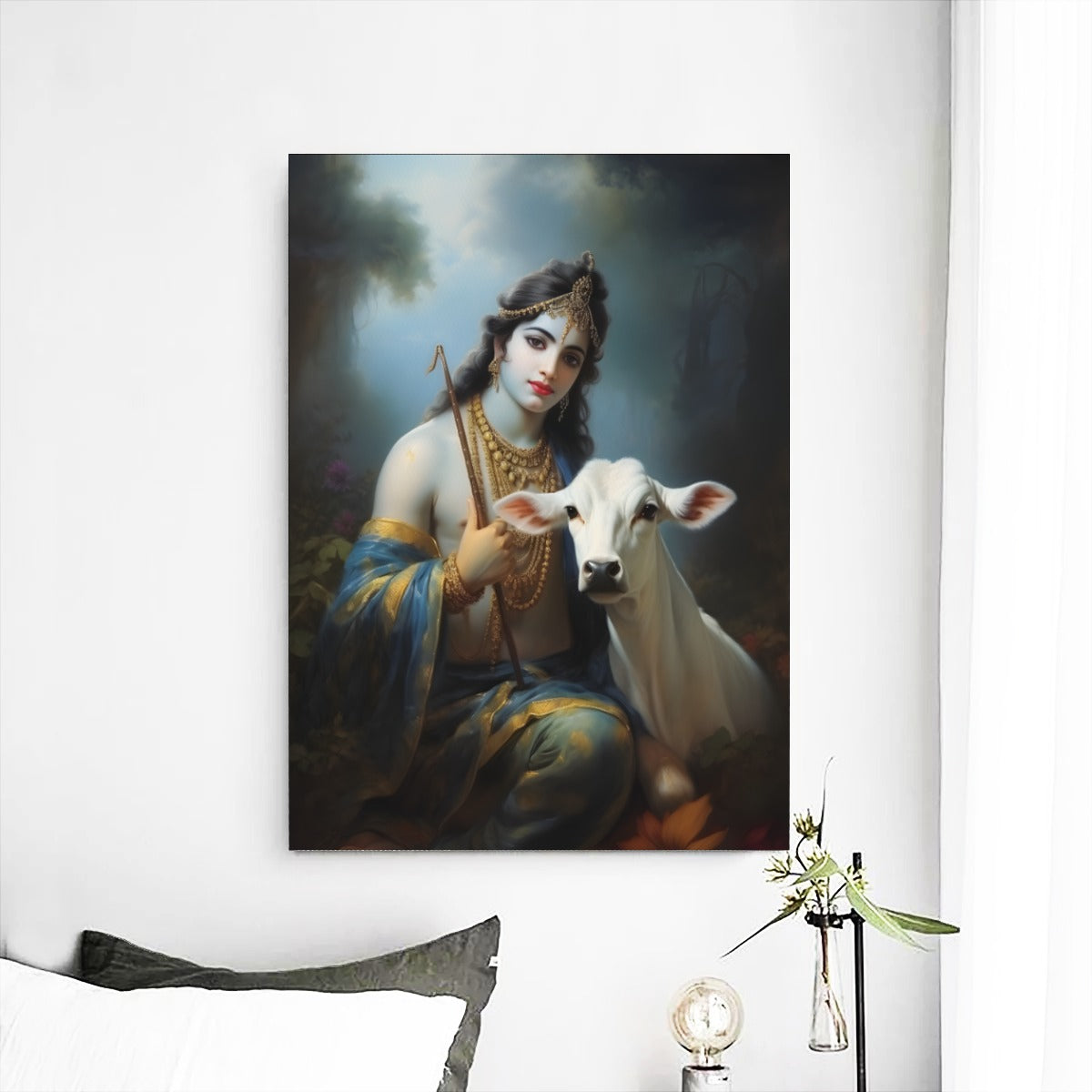 Krishna and Cow - Frameless Single Mural
