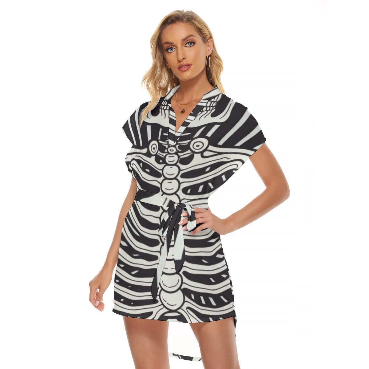 Skeleton II - Women's Stand-up Collar Casual Dress With Belt