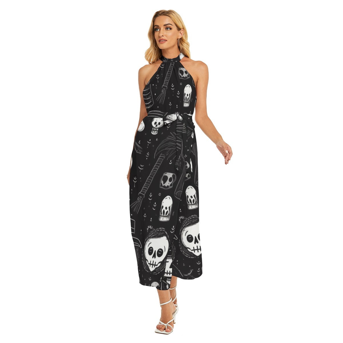 Skull I -  Women's Wrap Hem Belted Halter Dress