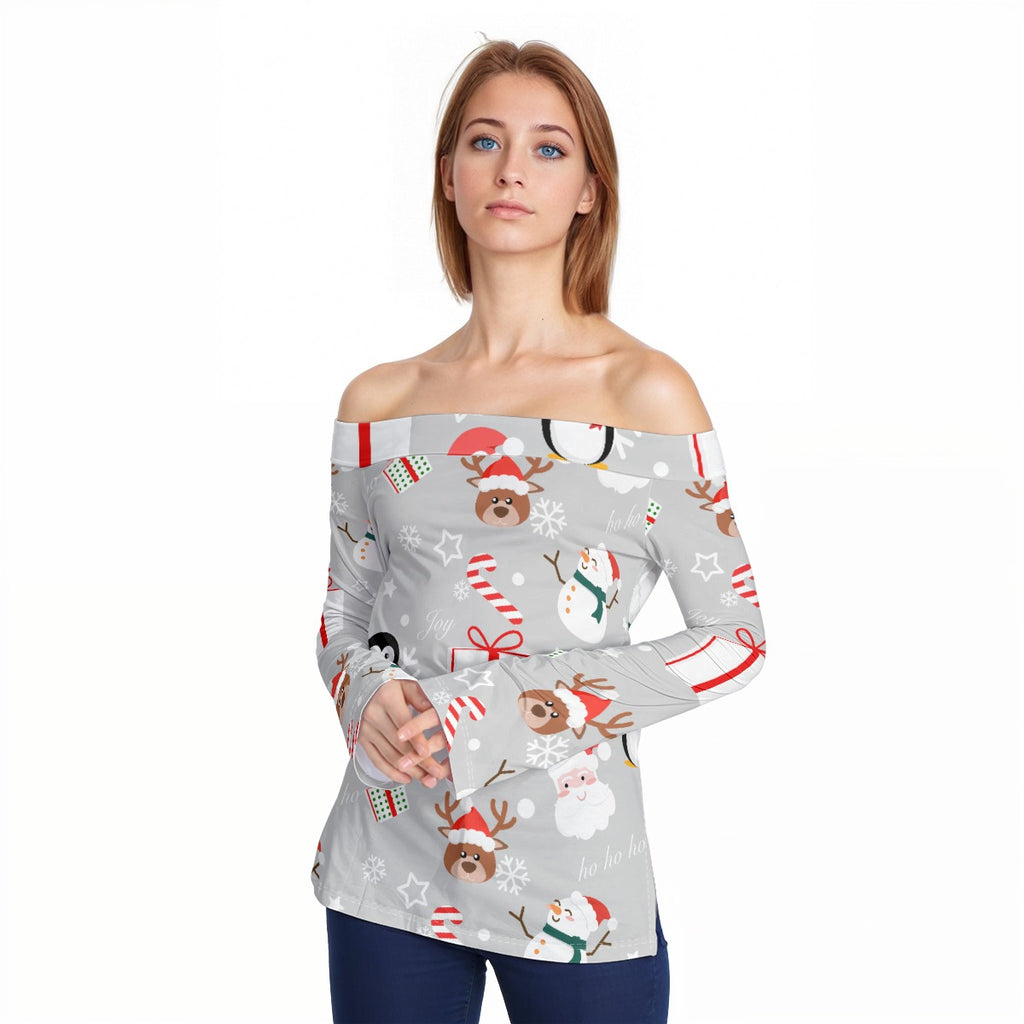 Raindeer & Snowman -  Women Off-Shoulder Long Sleeve Top