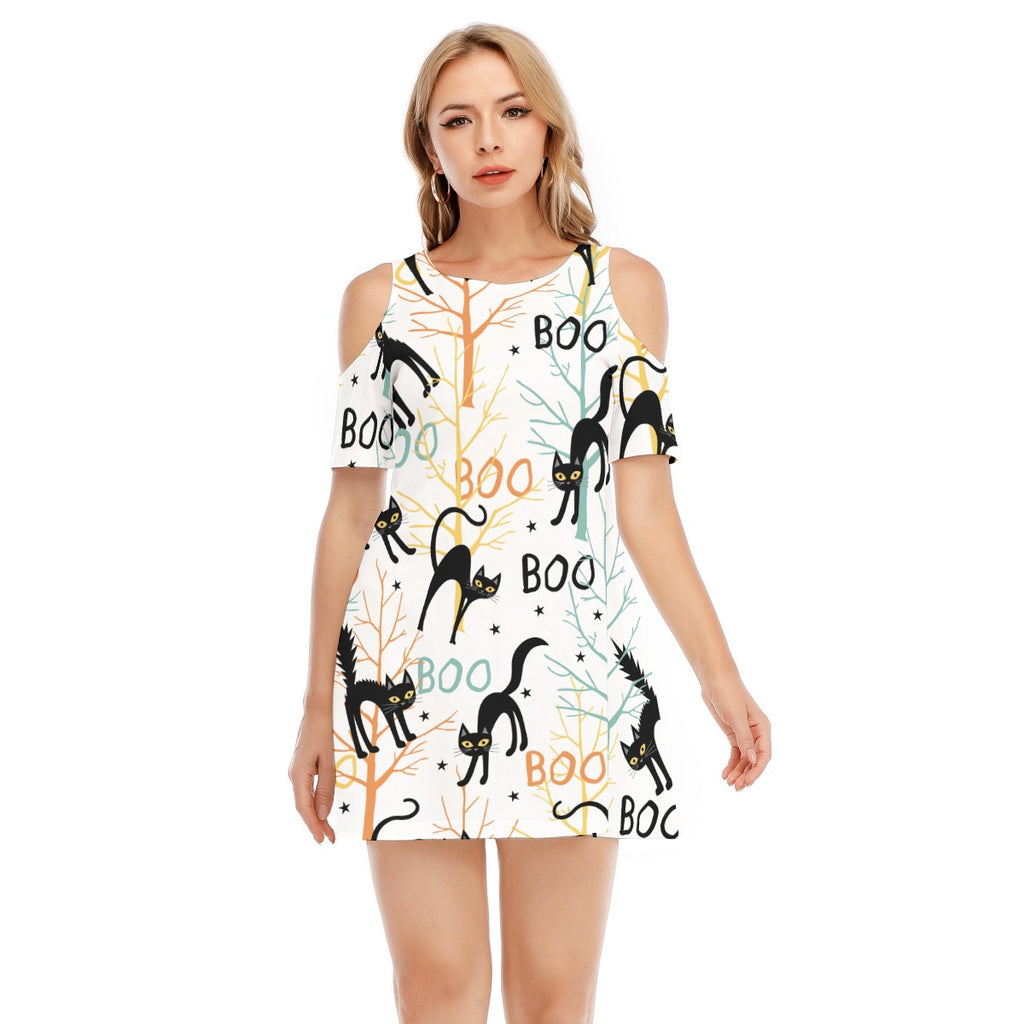 Scary Cat I - Women's Cold Shoulder Dress - 100% Cotton