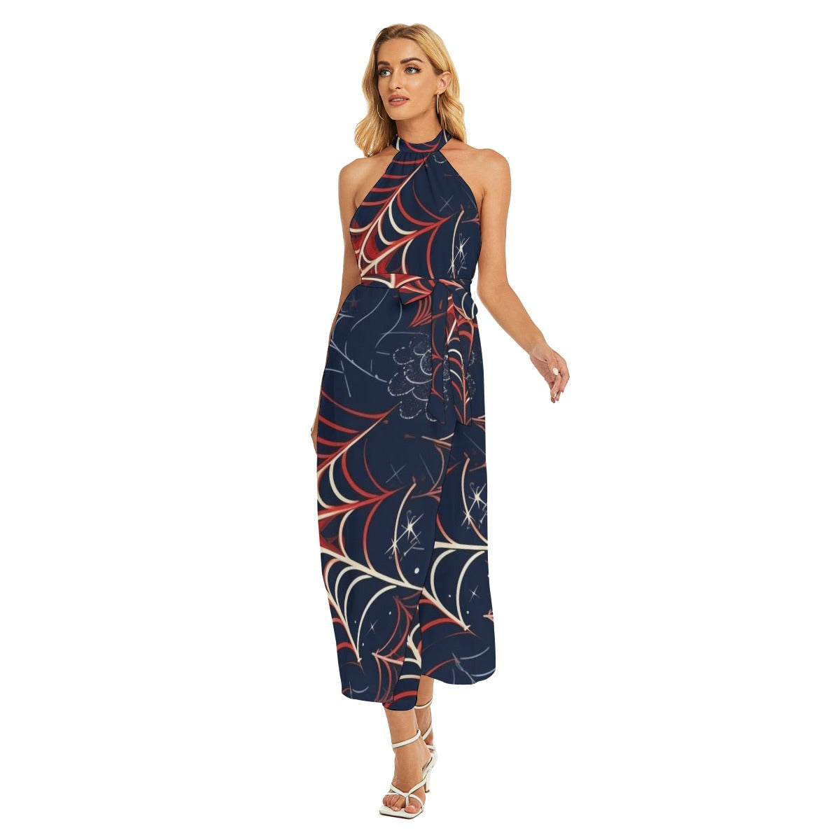 Spidey II - Women's Wrap Hem Belted Halter Dress