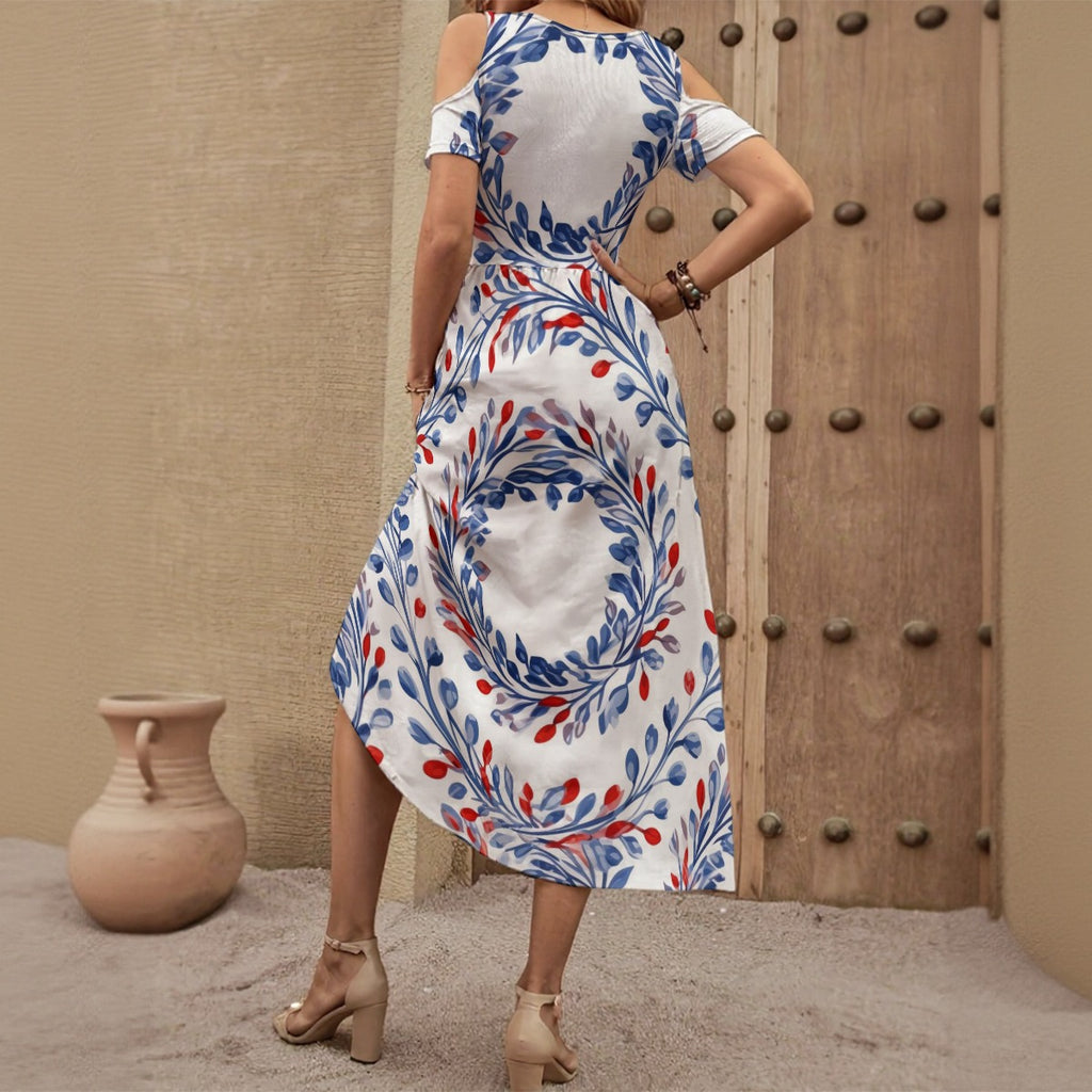 Blue Wreath - Women's V-neck Off-shoulder Dress