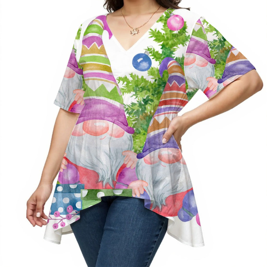 Gnome Luck -  Women's V-Neck Asymmetrical Hem Top