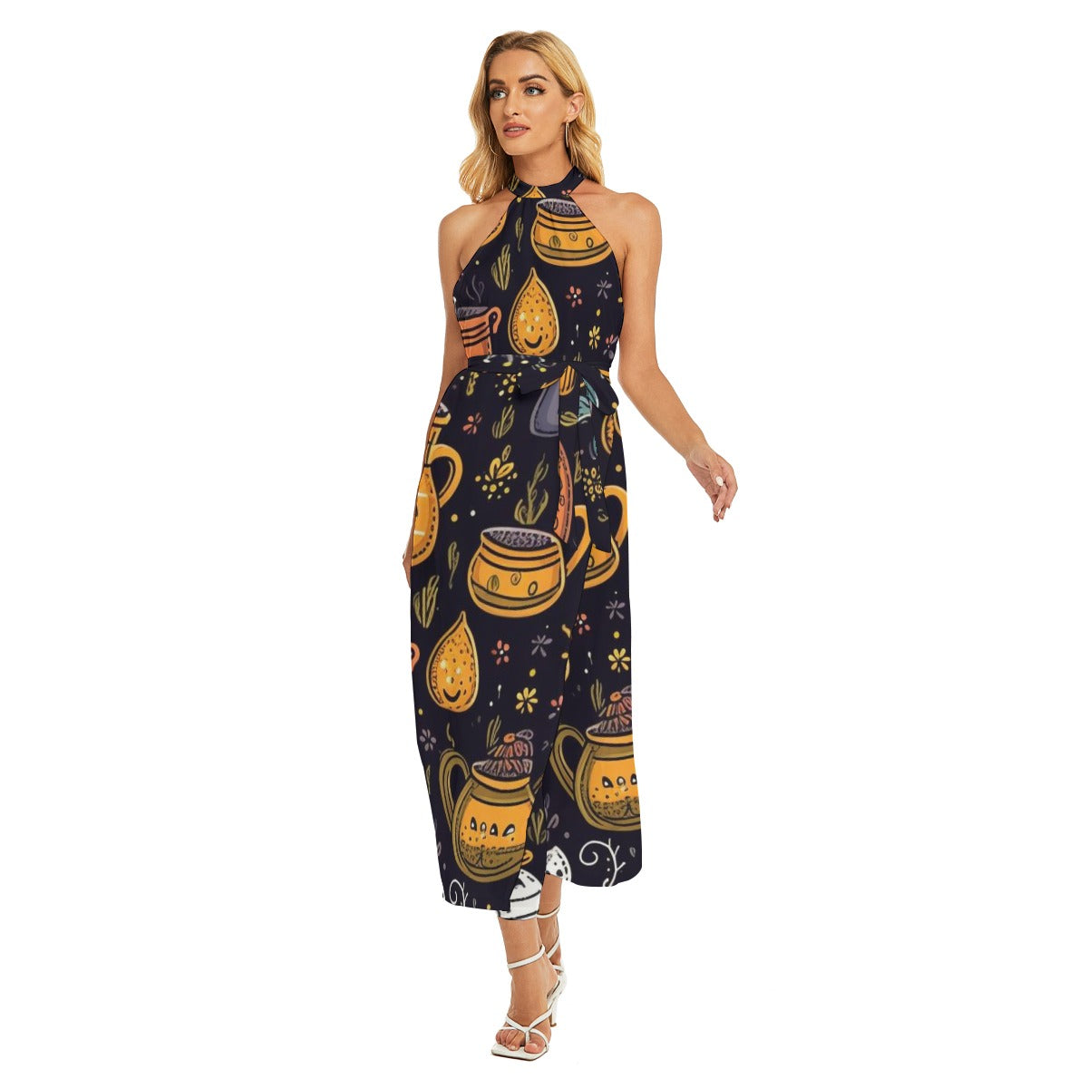 Potion I - Women's Wrap Hem Belted Halter Dress