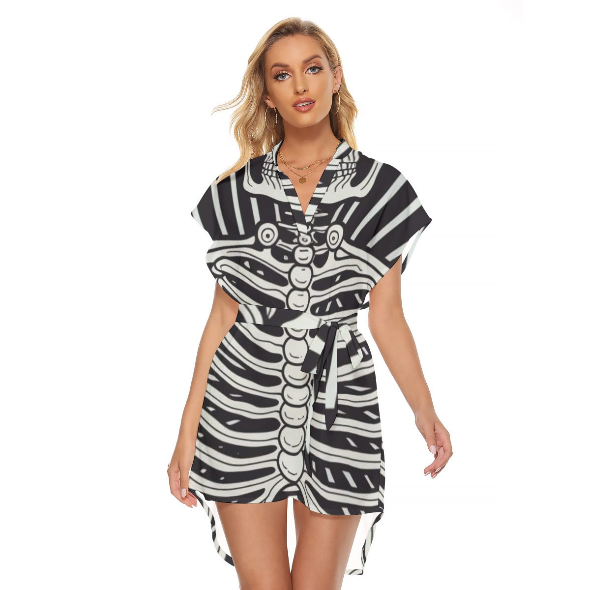 Skeleton II - Women's Stand-up Collar Casual Dress With Belt