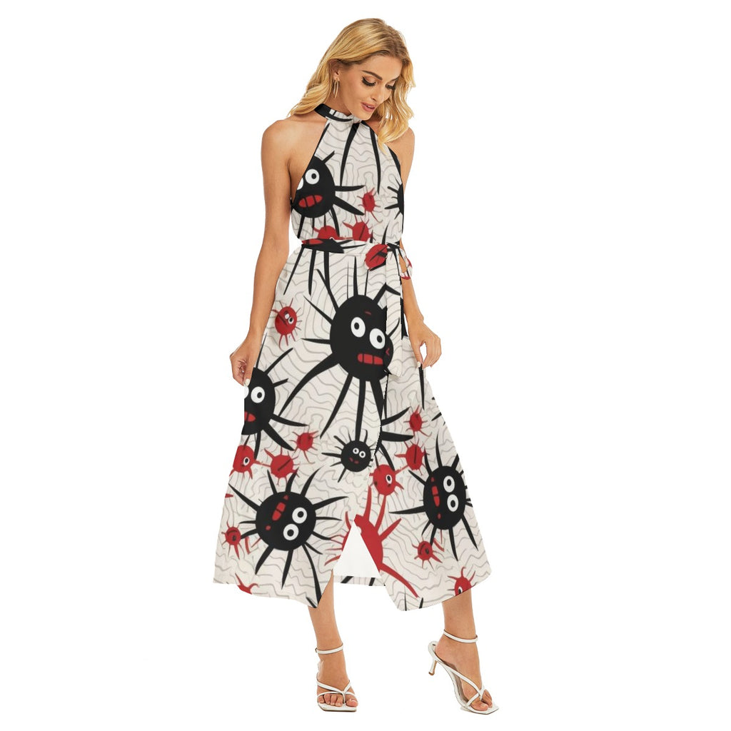 Spidey I - Women's Wrap Hem Belted Halter Dress