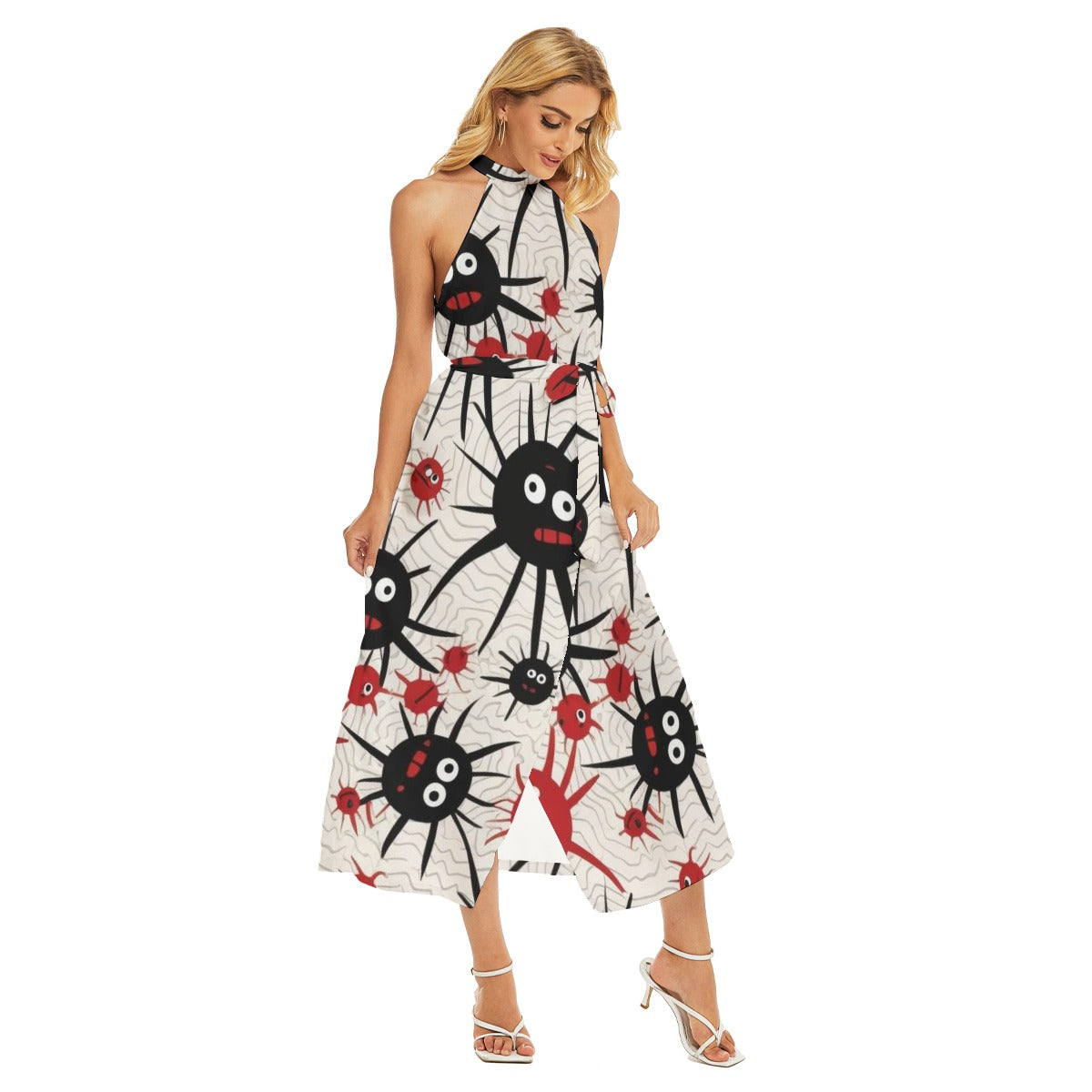 Spidey I - Women's Wrap Hem Belted Halter Dress