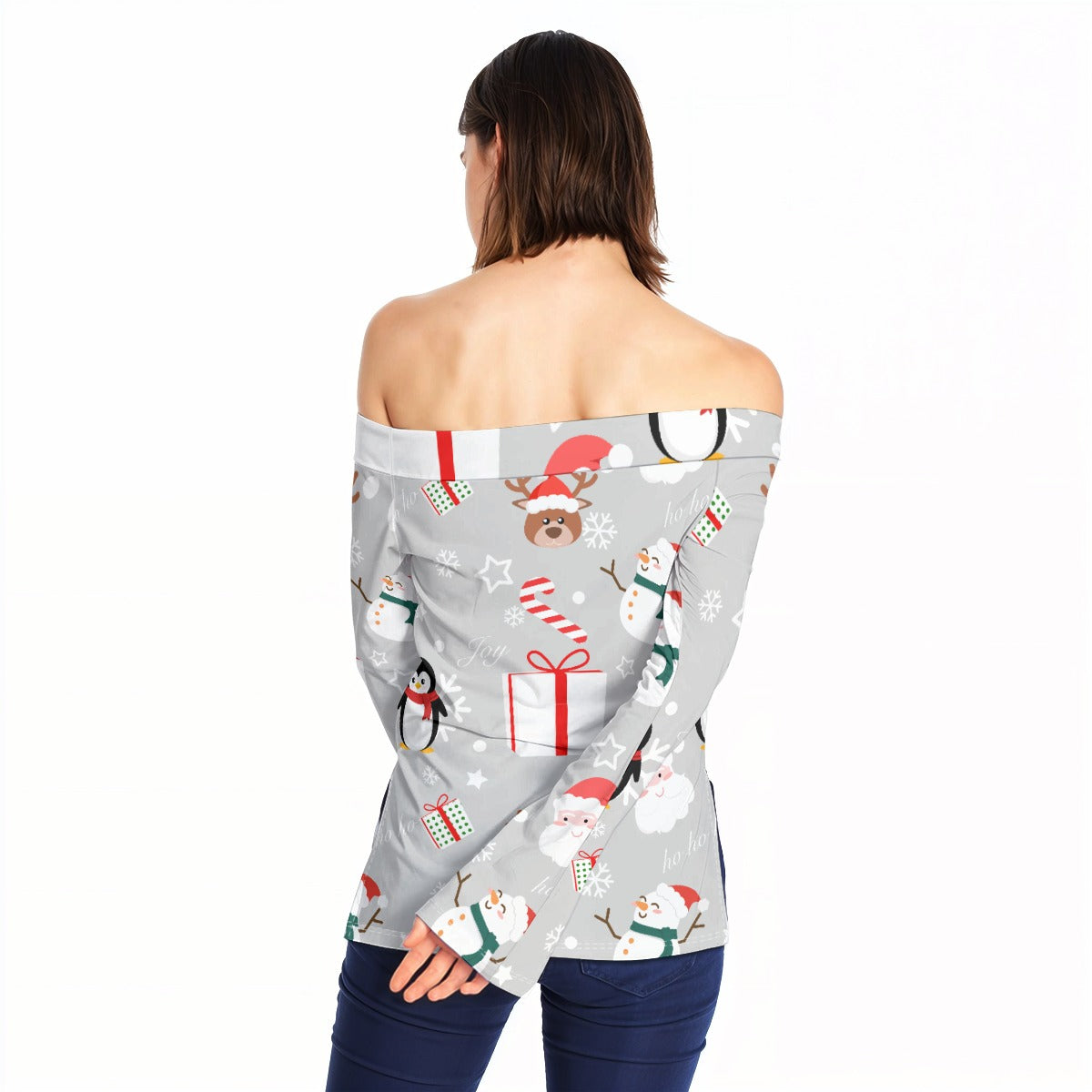 Raindeer & Snowman -  Women Off-Shoulder Long Sleeve Top