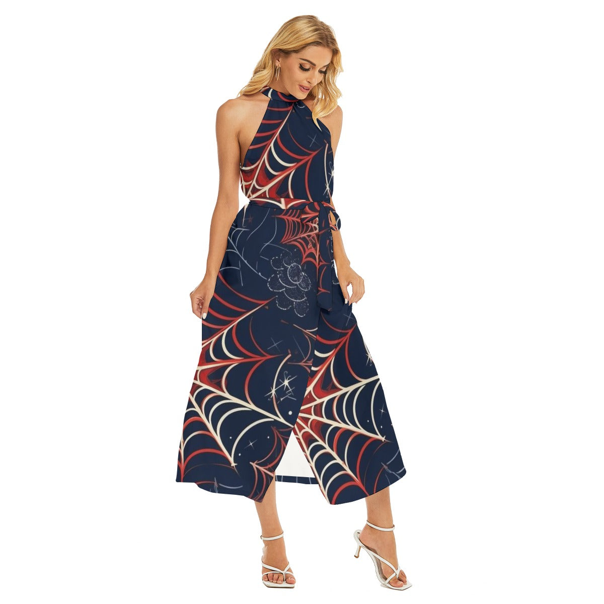 Spidey II - Women's Wrap Hem Belted Halter Dress