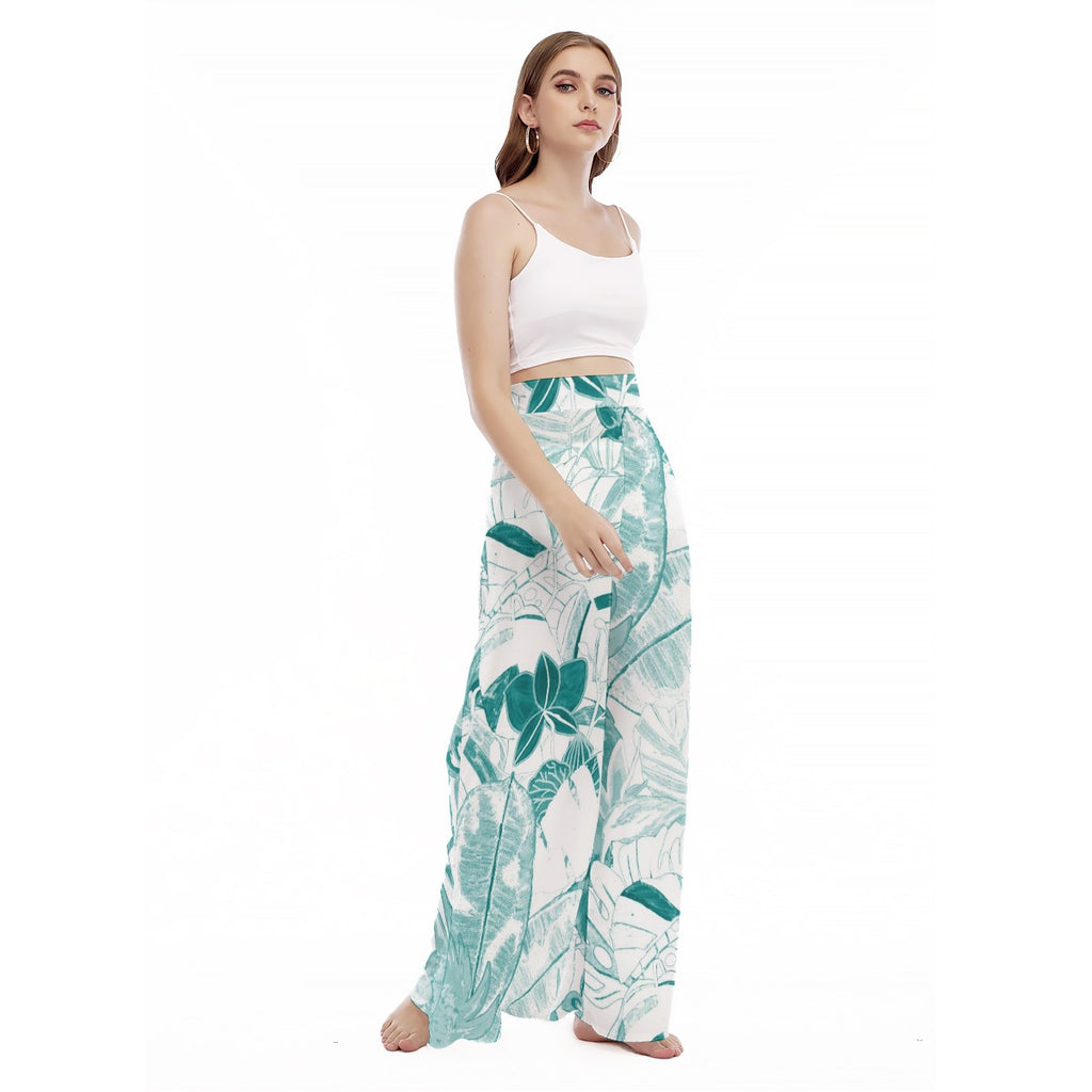 Teal -Tropical - Women's High Waist Wide Leg Trousers