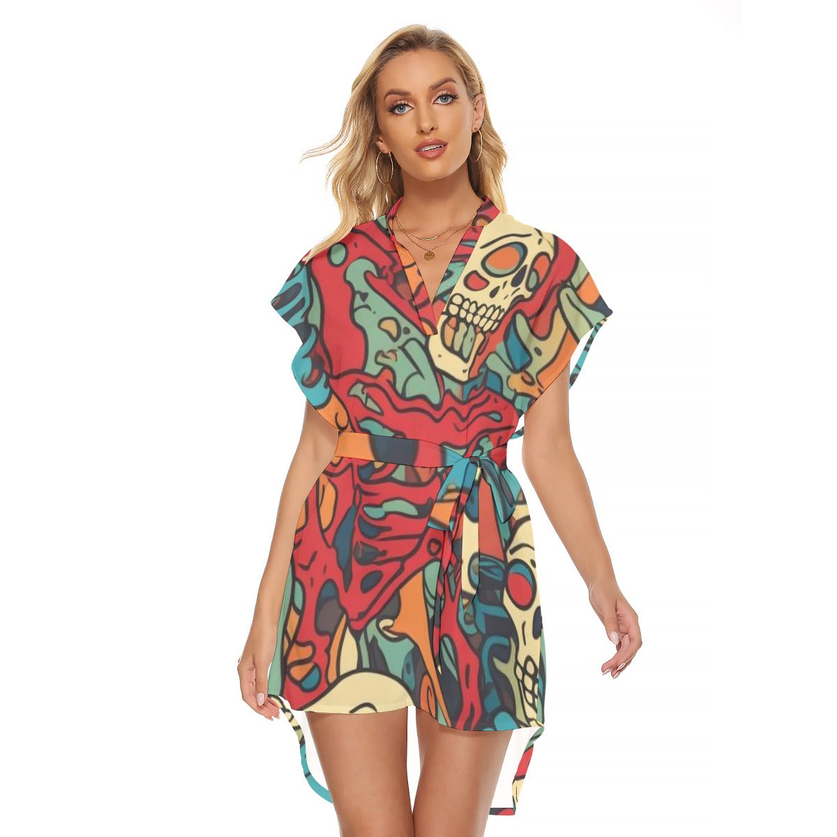 Skull III - Women's Stand-up Collar Casual Dress With Belt