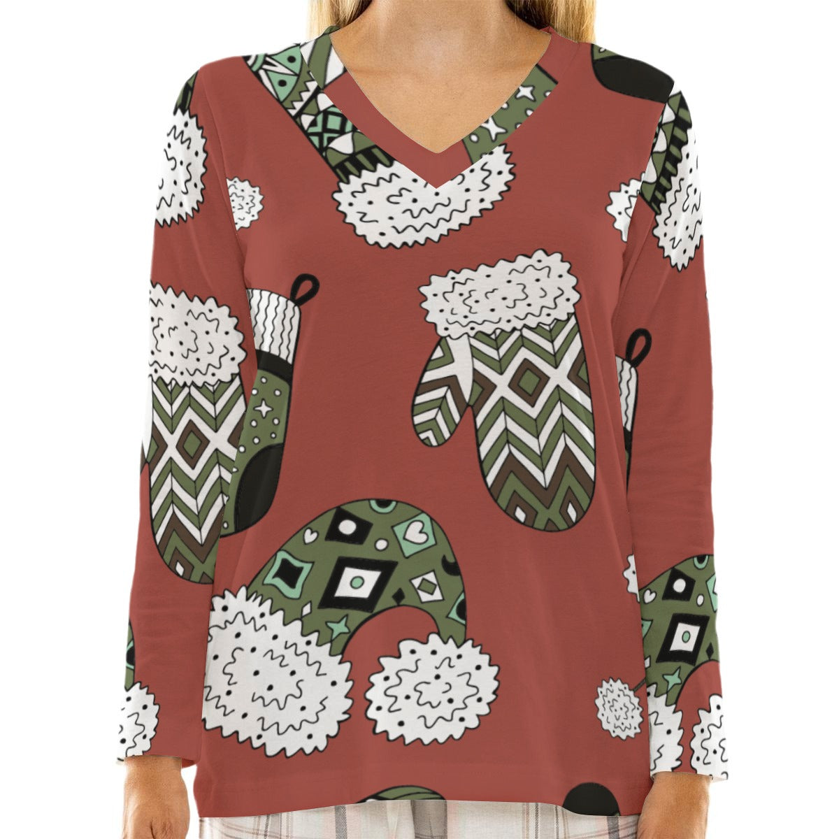 Mittens & Socks - Women's Loose V-Neck T-Shirt With Long Sleeve