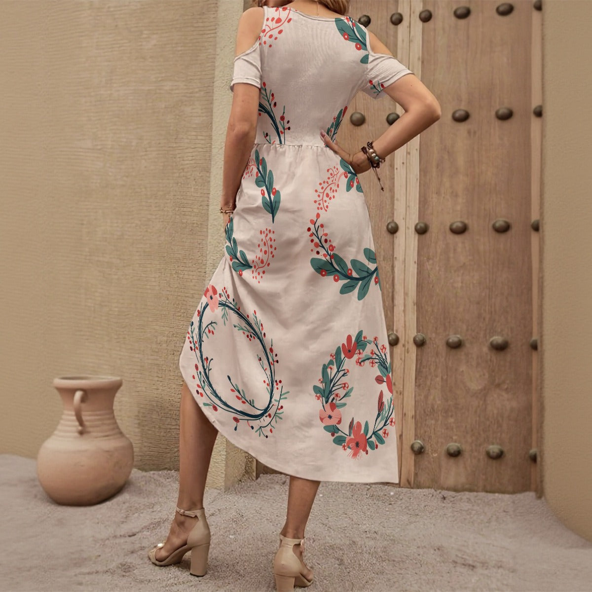 Wreath - Women's V-neck Off-shoulder Dress