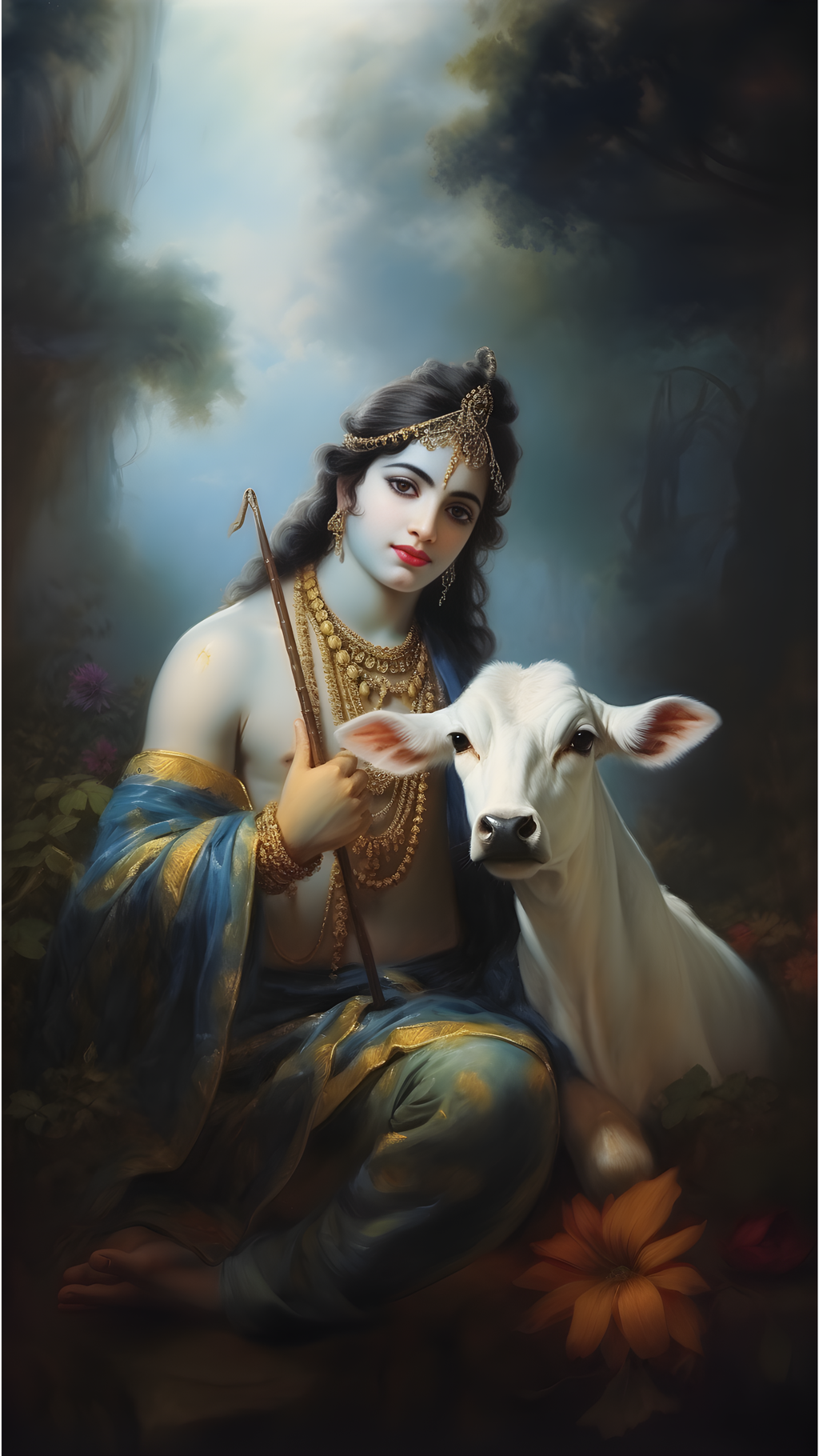 Krishna and Cow - Frameless Single Mural